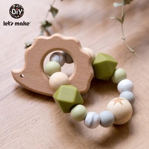 Lets Make Wooden Rattle Teether Baby Toys Engraved Wood Beads Hexagon Teether Silicone Beads 12Mm Tiny Rod Baby Crib Rattle