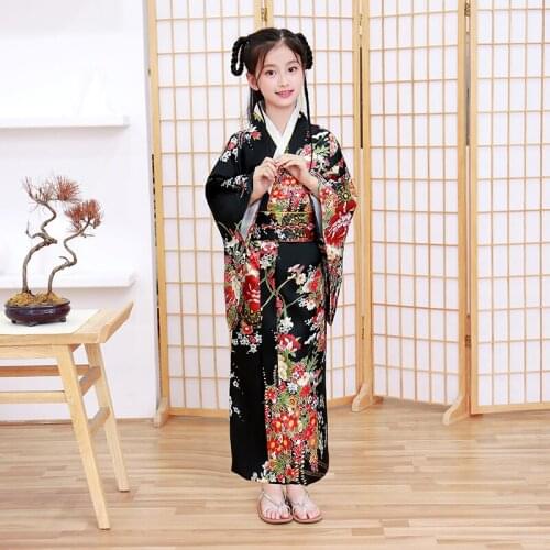 Child Novelty Cosplay Floaral Dress Japanese Baby Girl Printing Kimono Dress Children Vintage Yukata Kid Girl Dance Costumes