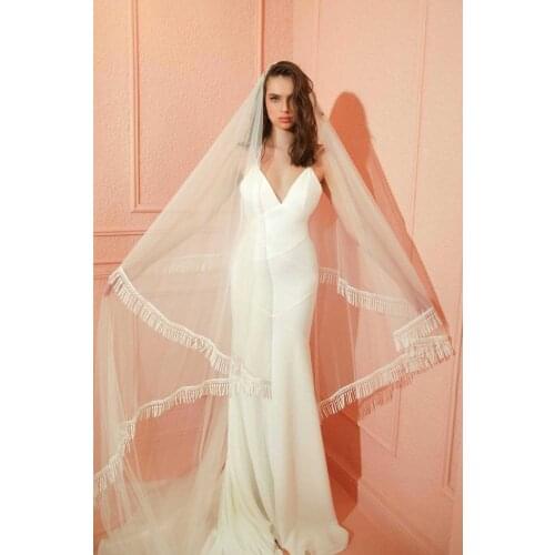 2021 Two Layers Tassel Bridal Veils with Lace Soft Tulle Vestido De Noiva Longo Custom Made Wedding Veil