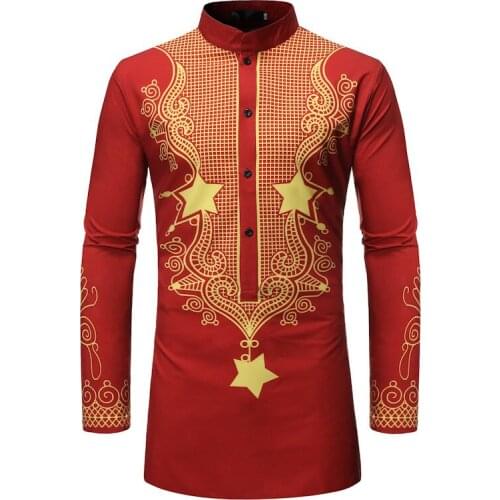 Men African Clothes Fad Fashion Red African Dashiki Robe Print Dress Shirt Men Hip Hop Streetwear Casual Camisa Masculina XXL