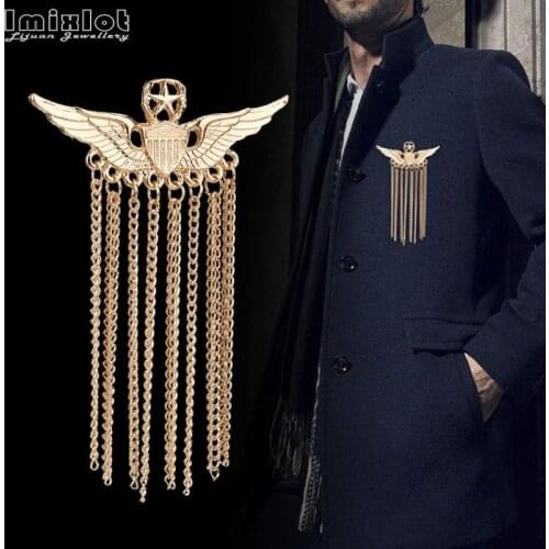 Gold Long Chain Tassels Brooch Broches Personality Pentagram Wing Suit Collar Lapel Pin Brooches Men Jewelry Accessories