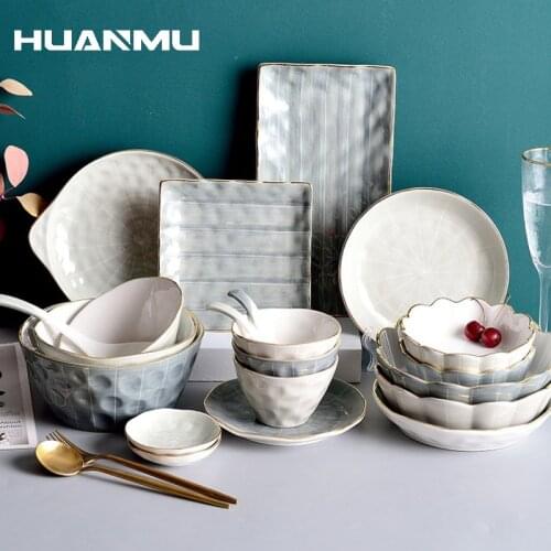 NEW Nordic Ceramic Dish&Bowl Set Food Plate Pottery Luxury Dinnerware Gold Inlay Tableware Porcelain Steak Soup Spoon Home Decor