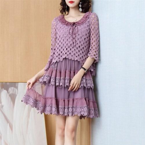 2021 Newly Spring Summer Women Sweet Ladies Purple Hollow Out Lace Patchwork Dress , Woman Clothes Ruffled Dresses