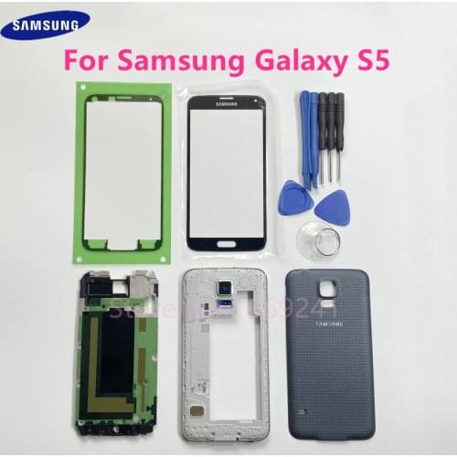 Full Housing Back Cover Front Screen Glass Lens Middle Frame Battery Door For Samsung Galaxy S5 G900 G900F I9600 Complete Case