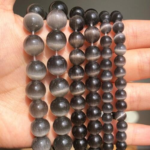 Gray Cat Eye Round Spacer Beads Natural Stone 4-10mm Moon Stone Stripe Glass Beads for Jewelry Making DIY Bracelet Necklace 15