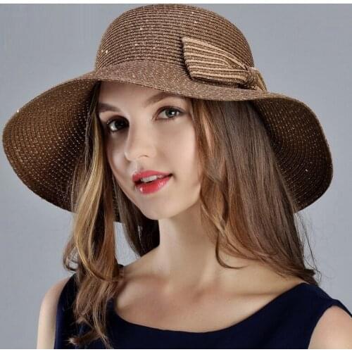Foldable Women Summer Straw Sun Cap Lady Wide Brim Sun Hat Wide Brim New Design Bowknot Decoration Sunscreen Hat
