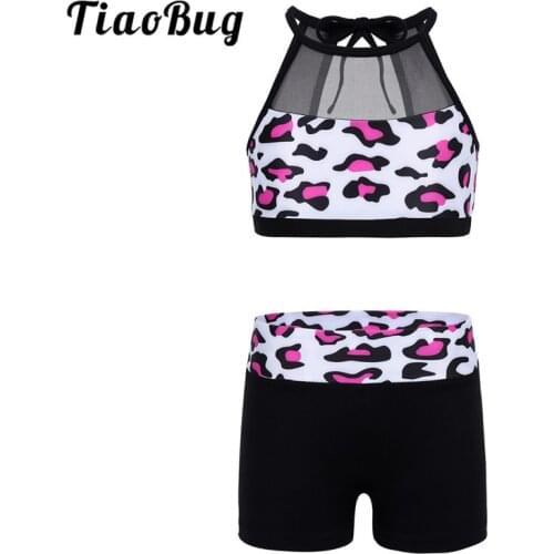 TiaoBug Kids Teens Mesh Splice Leopard Tankini Sports Set Girls Sleeveless Ballet Gymnastics Tops Shorts Set Children Dance Wear
