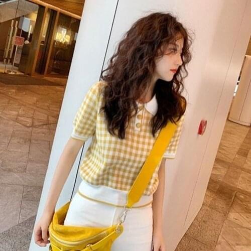 Yellow Turn-down Collar Printed Thin Knitted T-Shirt Womens Clothes Summer Loose Slimming Short-Sleeved Ice Silk Top Tee X158