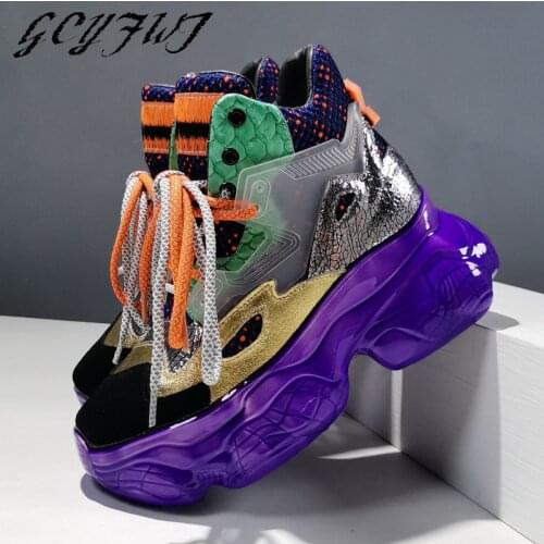 Women Sneakers Crystal Jelly Stitching Genuine Leather Flat Platform Women Shoes Thick Bottom Lace-Up High-Top Zapatillas Mujer