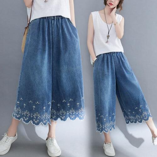 Large Size Womens Literary Embroidery Cropped Jeans Thin Section Summer Loose Casual Wide Leg Denim Culottes Pants Capri zh1096