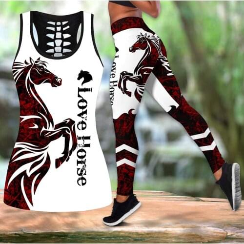 Womens Over Printed Yoga Suit Hunting Love Muddy Girl Horse Iady Hollow Vest Tank Top High Waist Leggings Sports Ladies Suit