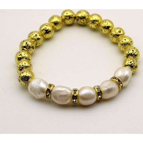 1pc Gold Plated Lave Stone Real Pearl Rhinestone Bracelets Gifts For Her