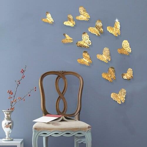 12pcs 3D Hollow Butterflies Home Decor Gold Silver Butterfly Wall Stickers Wedding Decorative Ornaments Wall Art Decals
