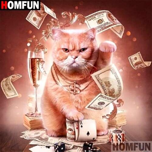 HOMFUN Full Square/Round Drill 5D DIY Diamond Painting "Cat poker wine money" 3D Embroidery Cross Stitch 5D Decor Gift A16829