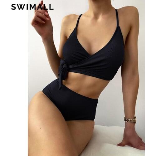 High Waist Bikini 2021 Solid Swimsuit Female Swimwear Women Ribbed Bikini Set Knot Bathing Suit Beach Wear Bather Biquini