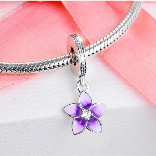 Fandola Plumeria Flower Charm Fits Original Bracelet Argent 925 Sterling Silver Purple Enamel Metal Beads for Jewelry Making