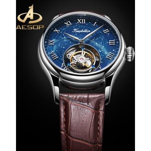 AESOP Roman Numerals Starry Sky Dial Watch Real Tourbillon Mens Mechanical Watches Waterproof Sapphire Glass Watch