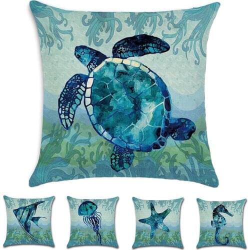 Blue Ocean World Animals Sea Turtle Hippocampus Jellyfish Starfish Pillow Case Sofa Room Mediterranean Decorative Cushion Cover