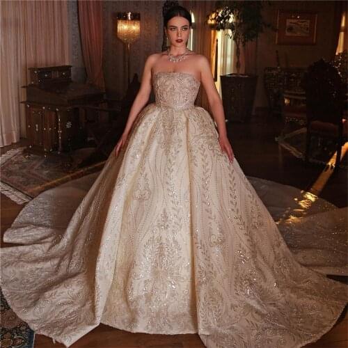 Dubai Strapless Vintage Wedding Dresses 2020 Lace Appliques Ball Gown Plus Size Sequined Robe De Mariee