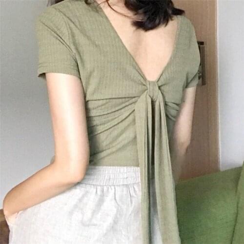 Harajuku Women Solid O-neck T Shirt Spring Summer Korean Backless Ladies Tops Tee Shirts Sweet Bow Lace Up Short Style Tshirt