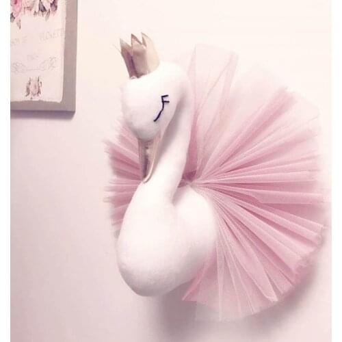 Animal Head Swan Flamingo Wall Hanging Mount Stuffed Plush Toy Princess Doll for Girl Baby Kid Gift Nursery Room Wall Decor