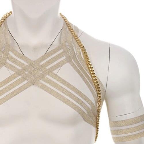 Hot Sexy Men Body Chest Metal Chain Harness Elastic Shoulder Strap Stage Costume Clubwear Necklace Lingerie hombre Gold Silver
