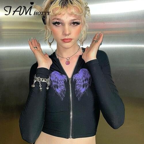 Wing Print Zip-up Hoodie Female Black Dark Academia Long Sleeve Sweatshirt y2k Aesthetic Hooded Tops Gothic Clothes New Iamhotty