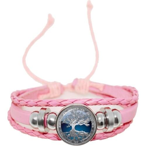 Life Tree Art Handmade Bracelet Glass Dome Jewelry Tree of Life Simple Style DIY Paintings Adjutable Pink Leather Bangle Gift