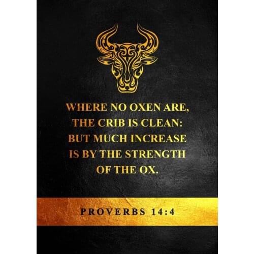 Animal Oxen Black Gold Canvas Painting Bible Quotes Giclee Prints Poster Proverbs 14:4 For Living Room Decor Picture Home Decor