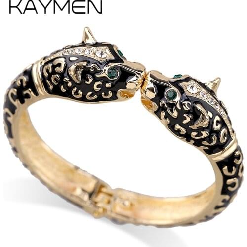 KAYMEN 4 Colors Womens Statement Cuff Bangle Gold-Color Fashion Bracelet Double Leopard Bohemian Enamel Bangle Girls Jewelry