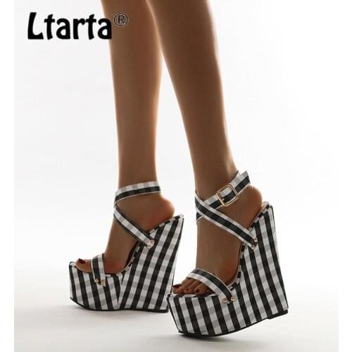 LTARTA Summer Comfortable Slope Heel Womens Shoes Hollow Stripe Color Matching High Heels Casual Platform Sandals JXQ