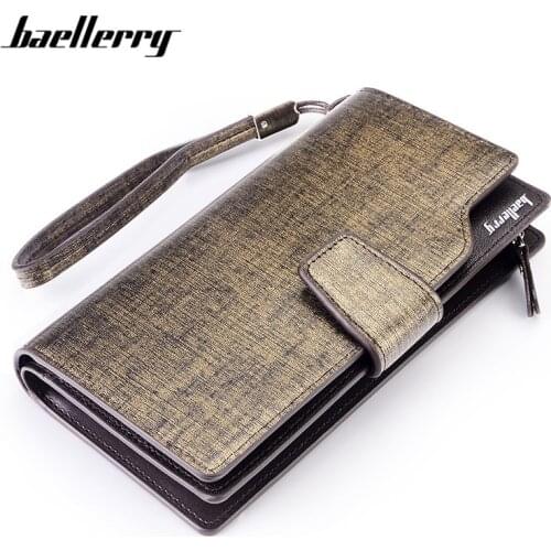 Baellerry Long Wallets Men with Wrist Band Brand Besigner Solid Zipper&Hasp Photo Holder ID Card Leather Male Purse Carteras
