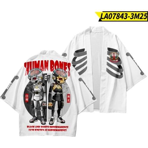 Men Jacket And Pant Suit Tops Japanese Kimono Traditional Asian Clothes Harakuju White Skull Print Kimono Cardigan Streetwear