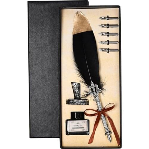 Upscale Calligraphy Feather Dip Pen Set Copper Pen Handle Stainless Steel Pen Tip Writing Ink Quill Fountain Pen Gift Box