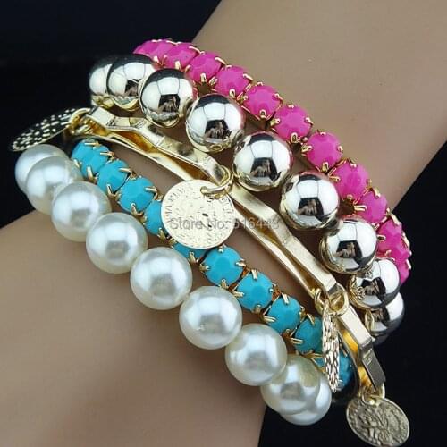 New Arrival 5pcs White Pearl Blue Rose Red Acrylic Gold Plated Mix Fashion Women Bangles Bracelets Wholesale Jewelry Lots A1027