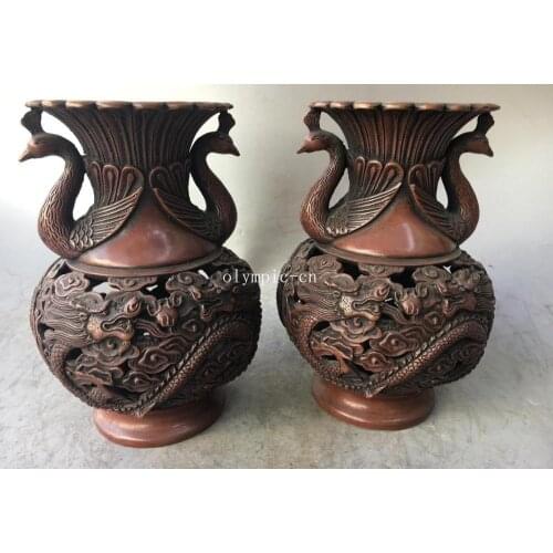 Pair 9'' red copper carvings home fengshui decor both dragon phoenix vase statue
