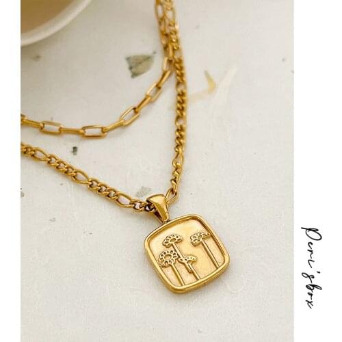 PerisBoxTitanium Steel 2 Layered Medallion Pendant Necklace Gold Color Paper Clip Chain Square Floral Coin Necklaces For Women