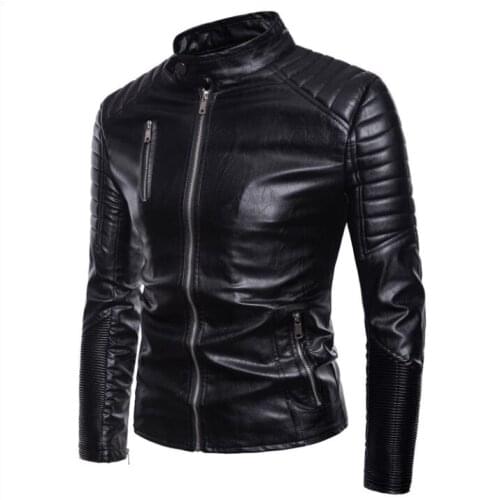 Stand collar motorcycle leather jacket men fashion clothes mens faux leather jackets casual short pu coats biker black S - 2XL