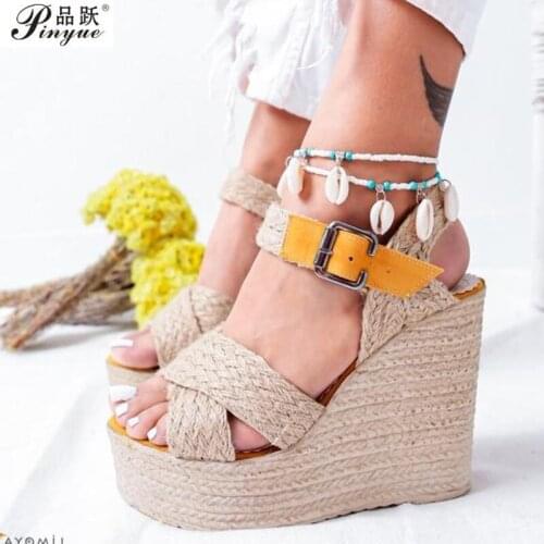 Sandals For Women Summer Straw Wedge-heeled Fish Mouth Sandal With Single Buckle Platform Super High Heel Womens Shoes