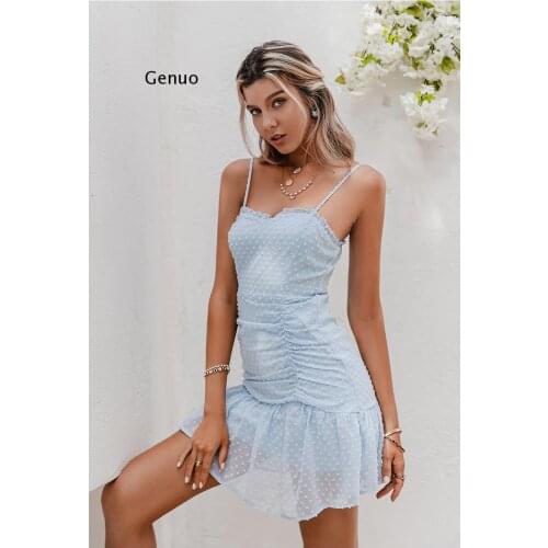 Sexy blue sling ruffled short bodycon dress Solid sleeveless summer women dress 2021 Elegant ladies high waist vestidos