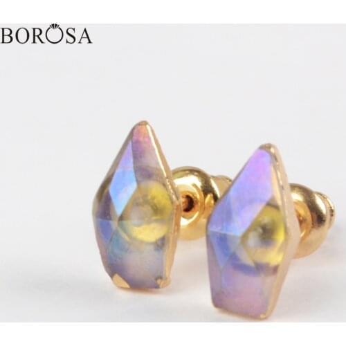 BOROSA Dropship Gold Color Natural White Quartz Titanium AB Plated Faceted Stud Earrings Crystal Quartz Earrings Jewelry G1850