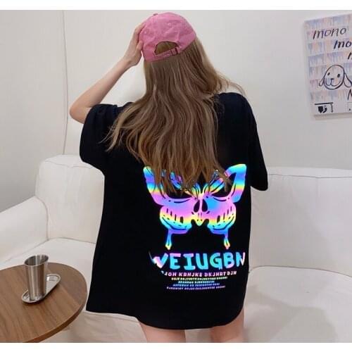 Women Harajuku Loose Reflective Printed T Shirt 2021 Hipster Lady Letter Butterfly Black White Casual Top Summer Goth Streetwear