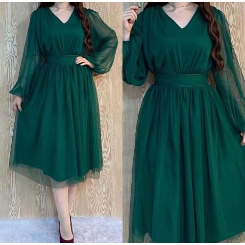 Vintage Short Green V-Neck Chiffon Evening Dresses with Sleeves Zipper Back Abendkleid Formal Party Gown with Pockets for Women