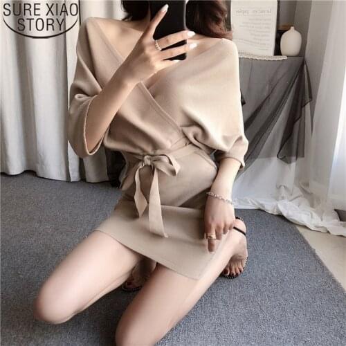 Nightclub Sexy Backless V-neck Bat Short Sleeve Knitted Dresses Women Summer New High Waist Lace-up Mini Dress Vestidos 17321