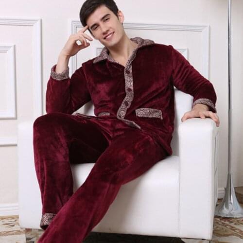 Winter Mens Pajamas Long Sleeve Sleepwear 100% Flannel Solid Mens Sleepwear Home Lounge Pajama Sets Plus size Sleepwear