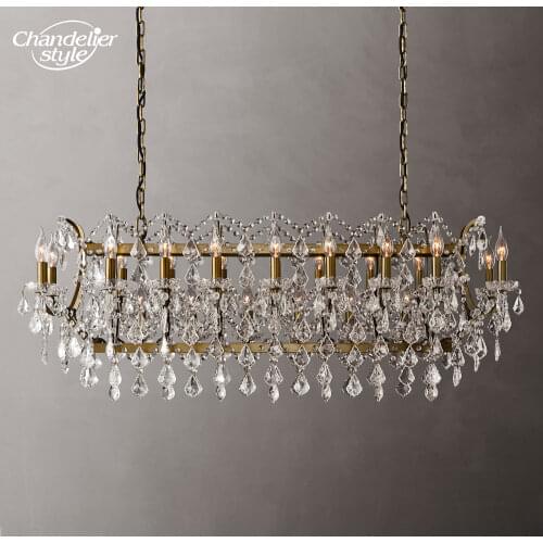 19th C. Rococo Iron & Crystal Rectangular Chandelier Lighting Linear Crystal Chandelier Brass Hanging Lamp