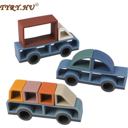 3Sets Baby Soft Silicone Car Jenga Building Blocks 3D Folding Educational Stacking Toys BPA Free Silicone Teether Accessories