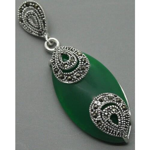 925 STERLING SILVER GREEN JADE MARCASITE PENDANT 18x40MM