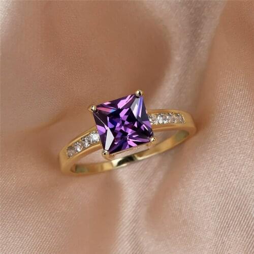 Charm Female Purple Crystal Stone Ring Vintage Yellow Gold Color Wedding Rings For Women Vintage Big Square Engagement Ring