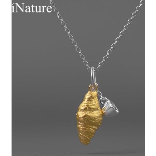 INATURE Good Morning 925 Sterling Silver Women Fashion Jewelry 18K Gold Croissant Coffee Cup Pendant Necklace